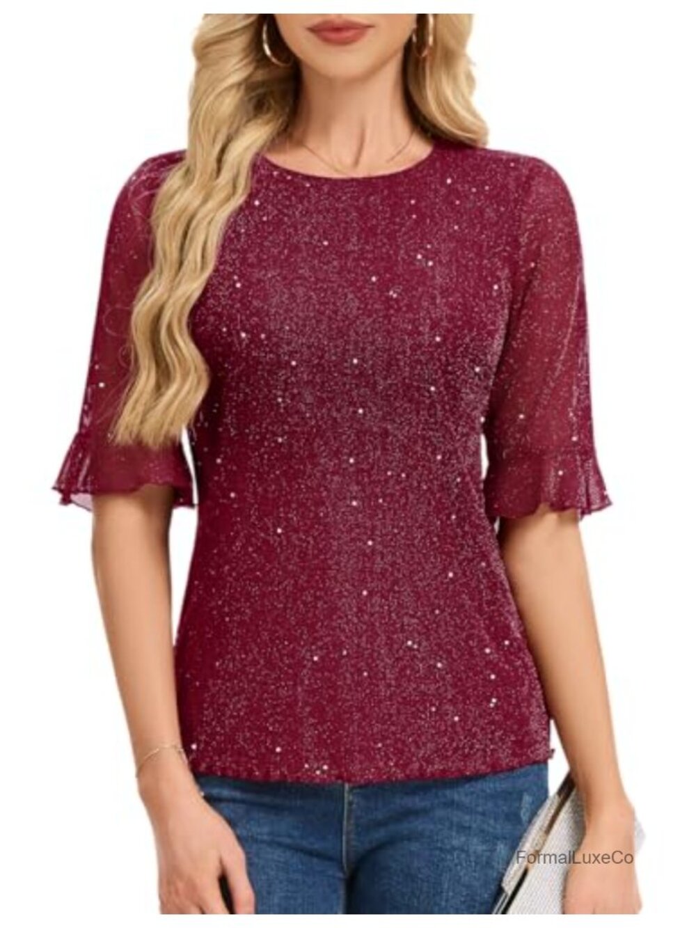 Sparkly Sequin Blouse with 3/4 Bell Sleeves for Women Dressy Cocktail Evening